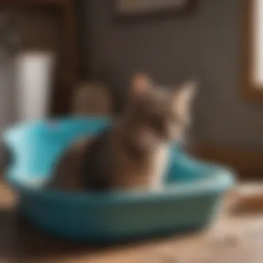 A clean litter box with fresh litter and a scoop