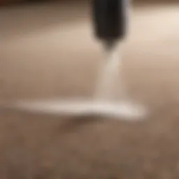 Close-up of a carpet being sprayed with an odor-eliminating solution