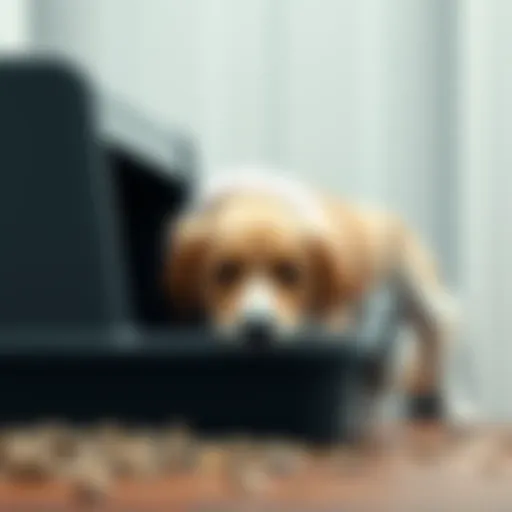 Curious dog investigating litter box