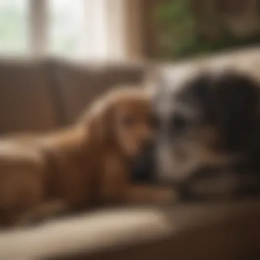 A cozy living room scene depicting a puppy snuggling with an elderly individual on a couch