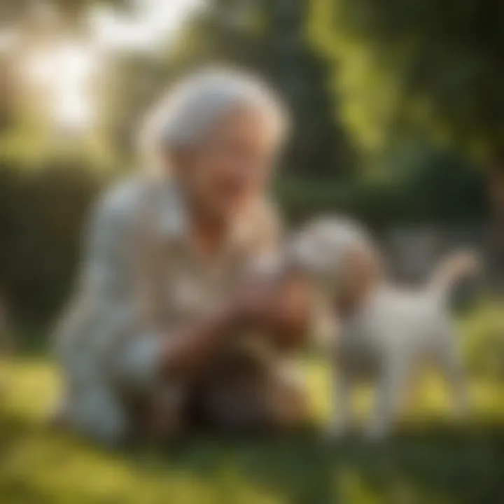 Elderly person enjoying a playful moment with a puppy in a sunny garden