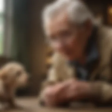 An elderly person engaging in puppy training, highlighting the bond between them