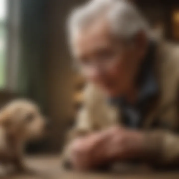 An elderly person engaging in puppy training, highlighting the bond between them