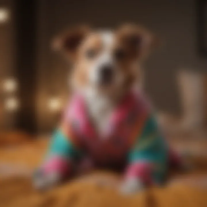 A medium dog playing happily in colorful pajamas