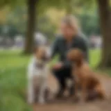 A thoughtful pet owner interacting with a happy dog in a park.