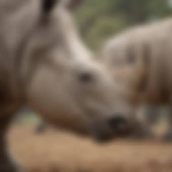 A close-up of a northern white rhinoceros in a reserve.