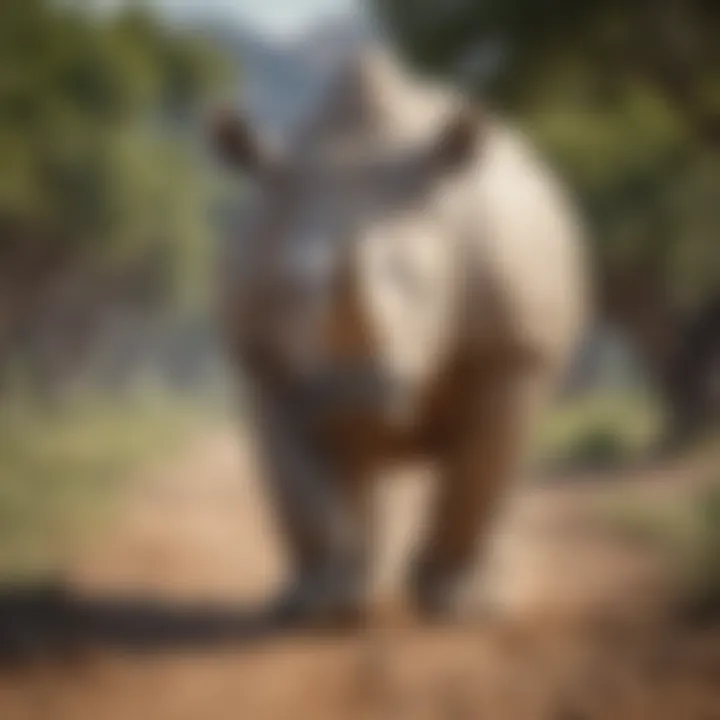 Northern white rhinoceros walking in a natural habitat.