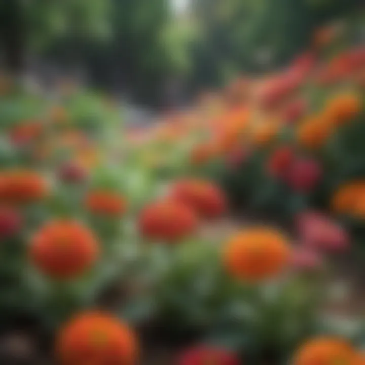 Colorful zinnias blooming in a flower bed