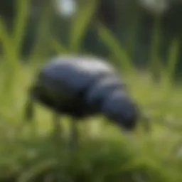 Close-up of a black beetle on grass