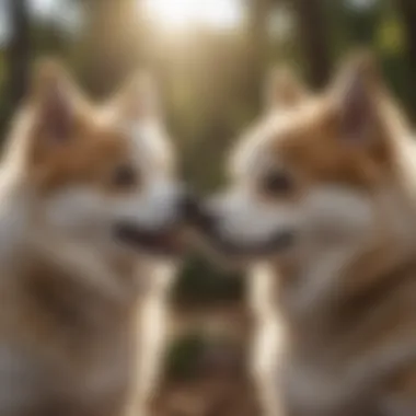 Two Pomskies interacting with each other, reflecting their sociable nature and friendly temperament.