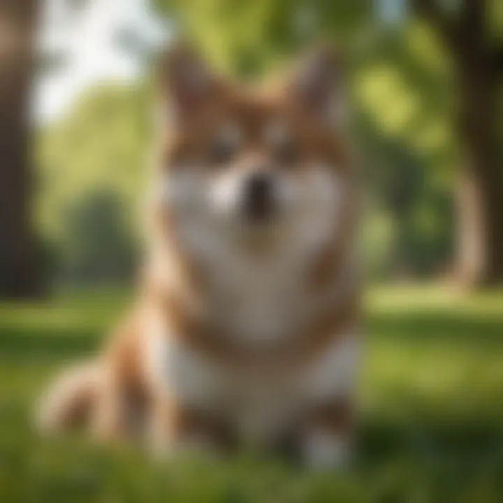 A Pomsky standing proudly in a lush green park, highlighting its athletic build and playful demeanor.