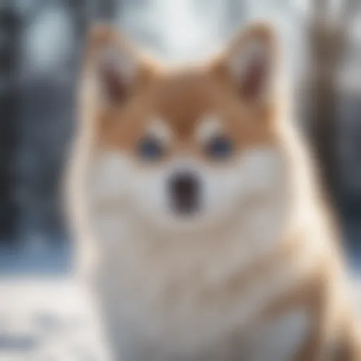 A captivating Pomsky playing in the snow, showcasing its fluffy coat and striking blue eyes.