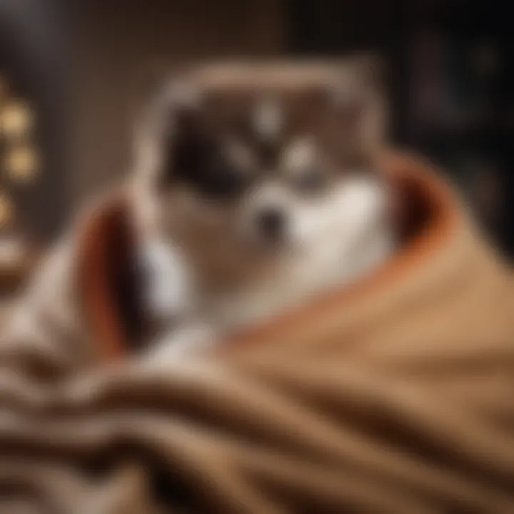 An adorable Pomsky puppy curled up in a cozy blanket, epitomizing cuteness and warmth.