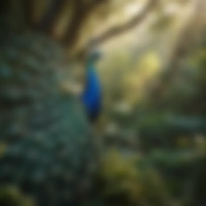 A peacock perched gracefully in its natural habitat, surrounded by lush greenery.