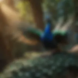 A vibrant peacock in flight showcasing its iridescent feathers.