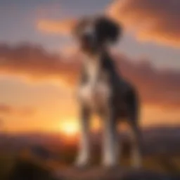 A majestic Great Dane standing tall against a vibrant sunset