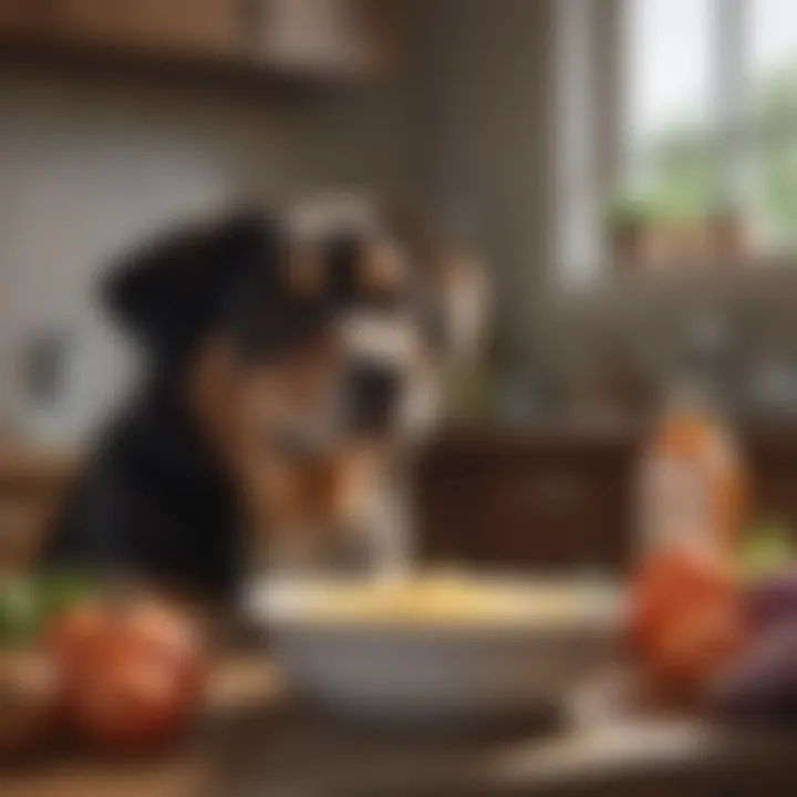 A concerned dog owner examining food ingredients in a bowl