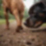 A dog curiously examining feces outdoors