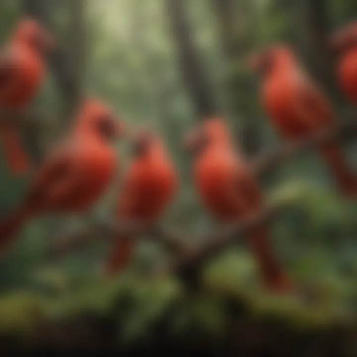 An artistic representation of various red bird species, illustrating their diversity and ecological roles.