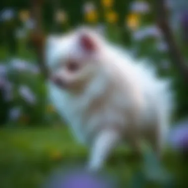Lavender Pomeranian playing in a lush garden