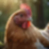 A close-up of a hen in a natural setting, showcasing her plumage and curiosity.