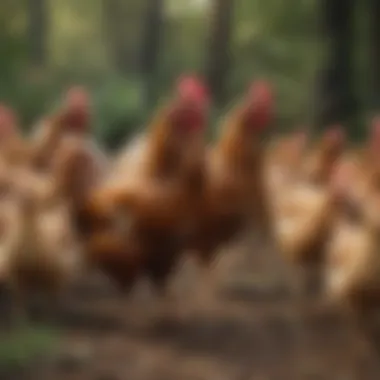 A group of hens exhibiting their social behaviors in a free-range environment.