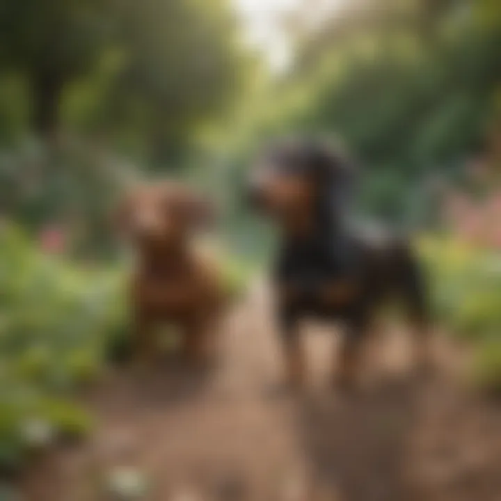 Dachshunds playing together in a vibrant garden