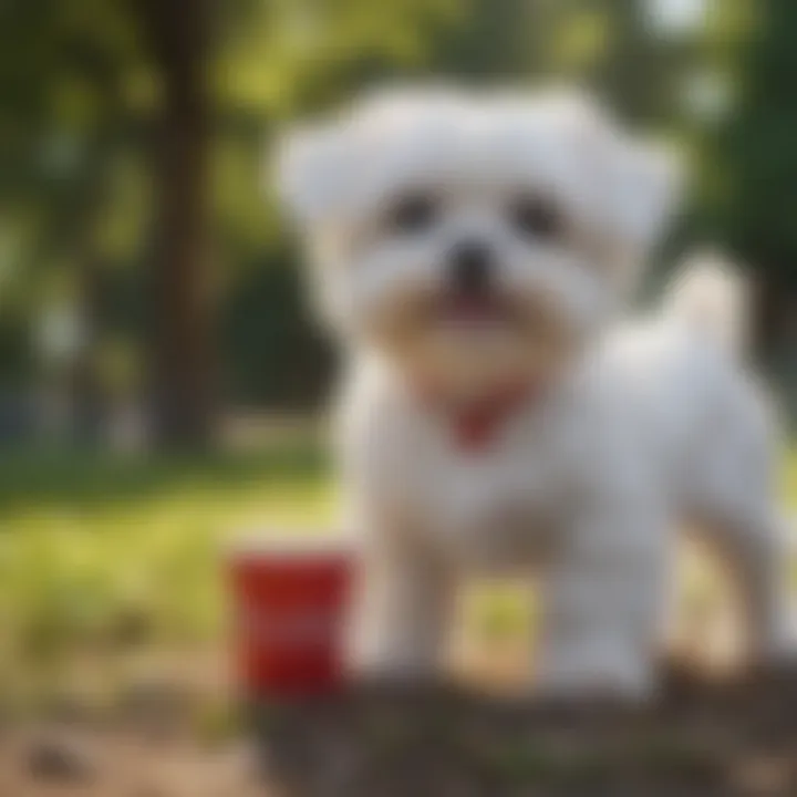 A Toy Cup Maltese enjoying a walk in the park, illustrating its love for outdoor activities.