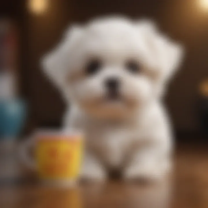 A playful Toy Cup Maltese puppy interacting with a colorful toy, displaying its vibrant personality.