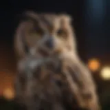 A close-up of an owl perched silently at night.