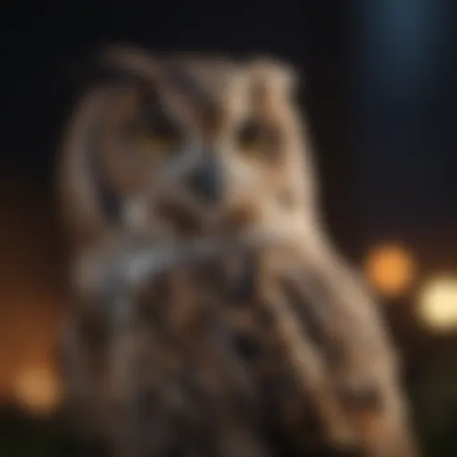 A close-up of an owl perched silently at night.