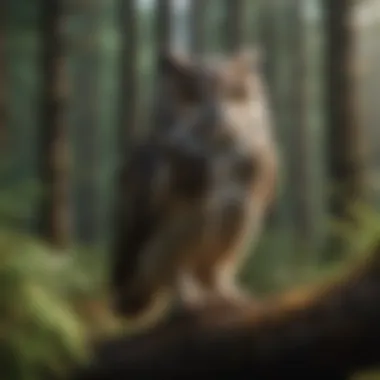 A peaceful forest scene with owls in their natural habitat.