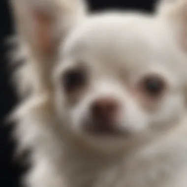 Close-up of a white long-haired Chihuahua puppy's face highlighting its features