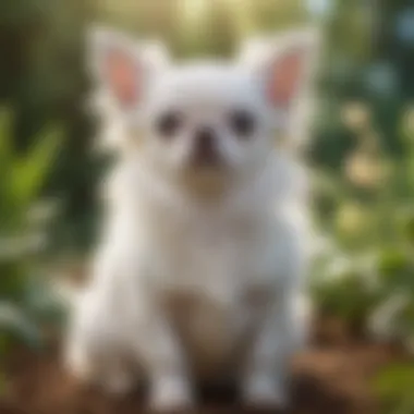 White long-haired Chihuahua puppy sitting elegantly in a garden