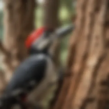Unique Beak Structure for Drilling Close-up of a woodpecker drilling into the bark of a tree, highlighting its unique beak structure.