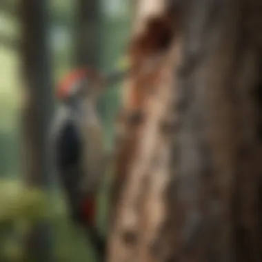 Foraging Behavior of Woodpeckers A woodpecker feeding on insects hidden within the bark, demonstrating its foraging behavior.