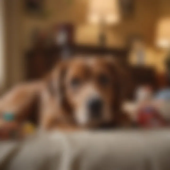 A cozy scene of an older dog resting on a soft bed surrounded by toys.