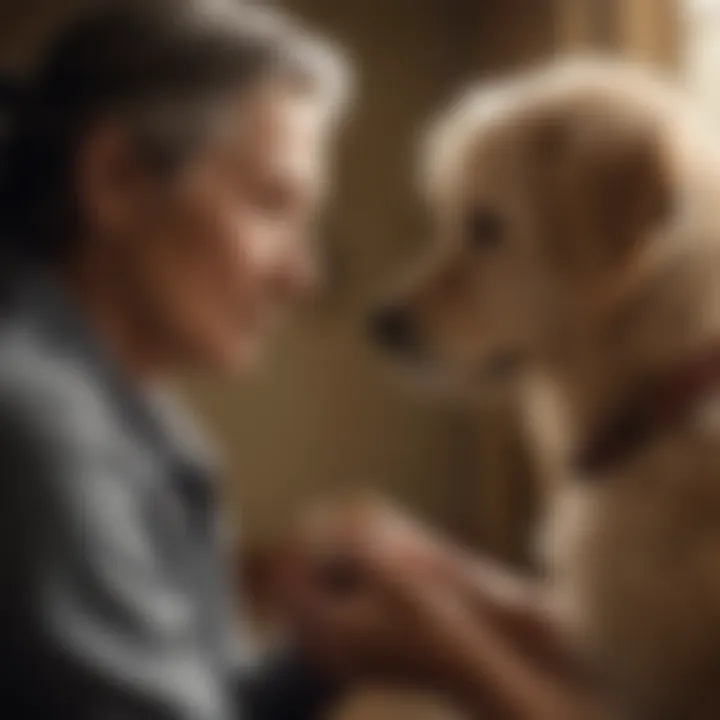 A heartwarming moment of an elderly dog with its owner sharing a bond.