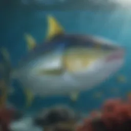 A vibrant yellowfin tuna swimming gracefully in clear blue waters, showcasing its striking coloration.