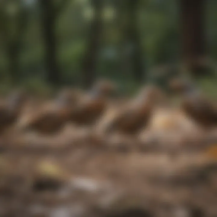 A group of thrush birds foraging on the ground