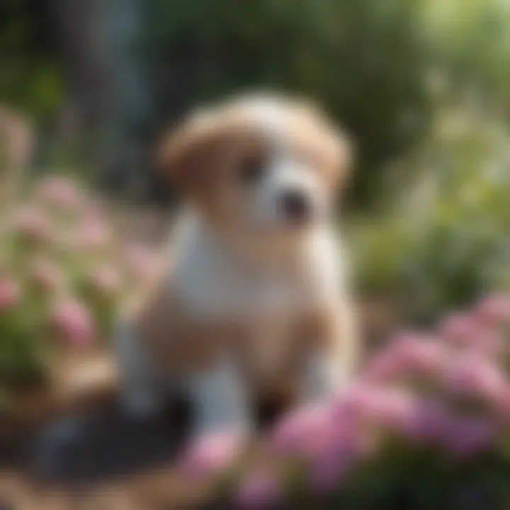 A serene puppy resting on a bed of flowers