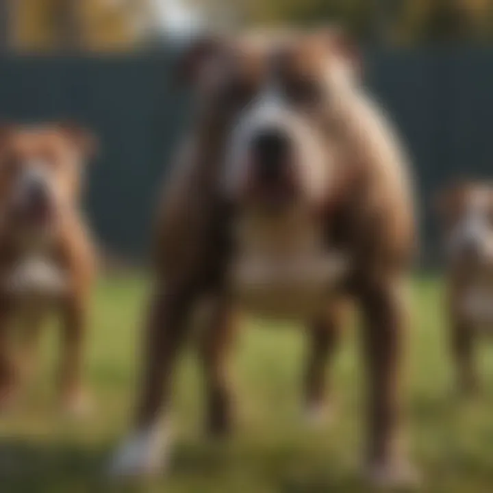 A well-trained Pitbull playing with other dogs