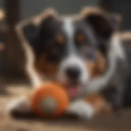 Australian Shepherd playing with a toy, exhibiting calm behavior