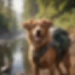 A happy dog with a travel backpack in a scenic outdoor setting
