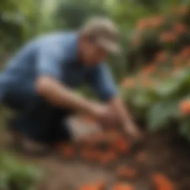 A gardener examining the soil and tubers of tuberous begonias for health assessment