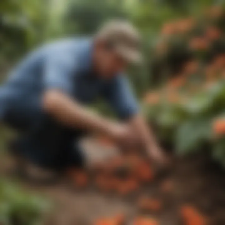 A gardener examining the soil and tubers of tuberous begonias for health assessment