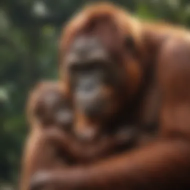 Orangutan mother and baby interacting