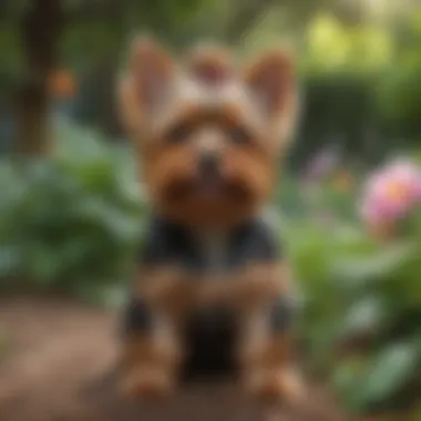 Playful Yorkie in a vibrant garden setting