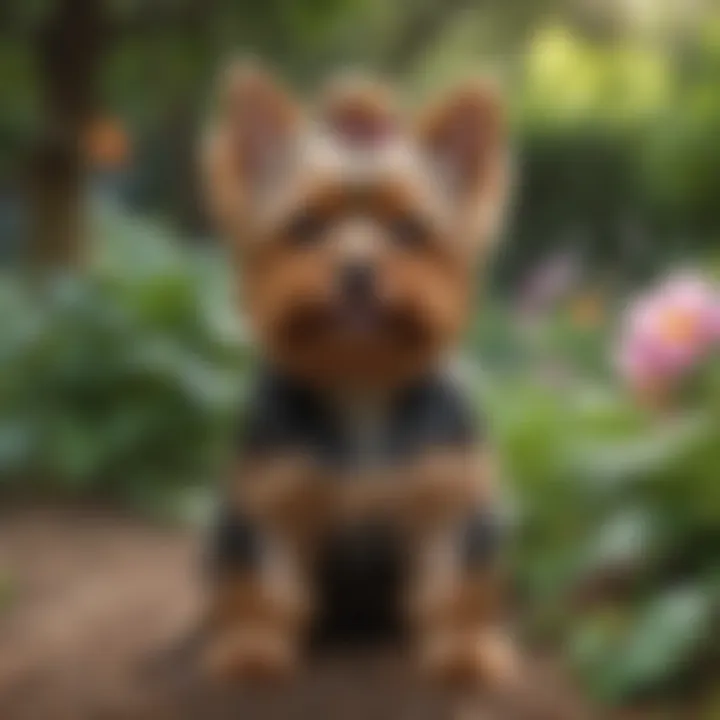 Playful Yorkie in a vibrant garden setting