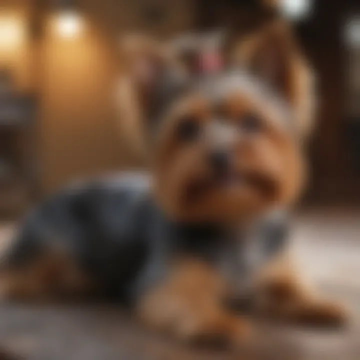 Yorkie receiving grooming and care